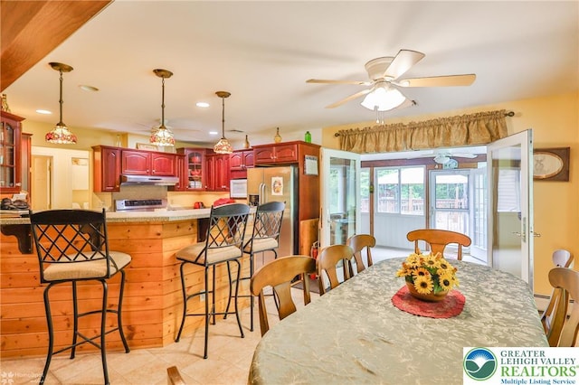 142 Hickory Ln, Chestnuthill Twp, PA 18353 - dining room featuring a ceiling fan, recessed lighting, and light tile patterned flooring