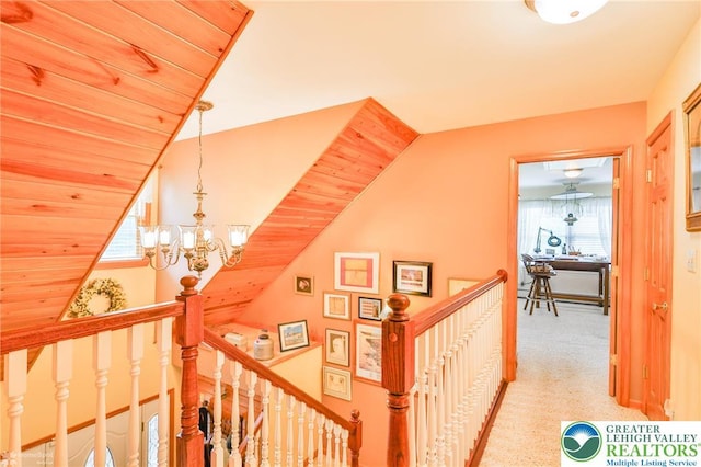142 Hickory Ln, Chestnuthill Twp, PA 18353 - hall with an upstairs landing, a chandelier, and carpet flooring