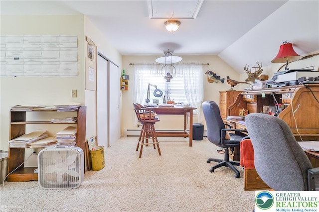142 Hickory Ln, Chestnuthill Twp, PA 18353 - carpeted home office featuring a baseboard radiator, vaulted ceiling, and attic access