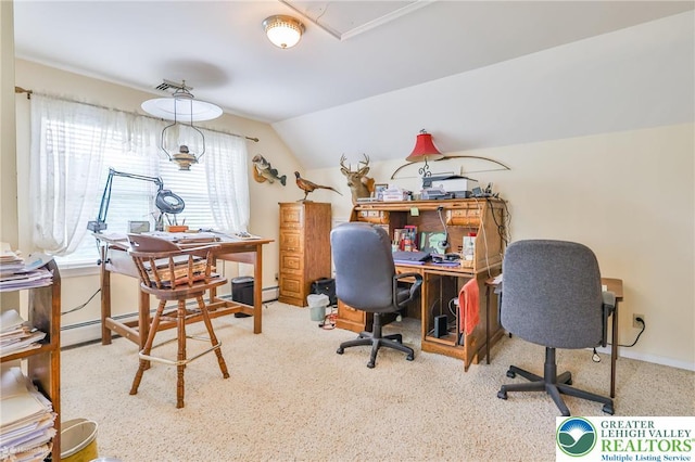 142 Hickory Ln, Chestnuthill Twp, PA 18353 - carpeted office space featuring vaulted ceiling and baseboard heating