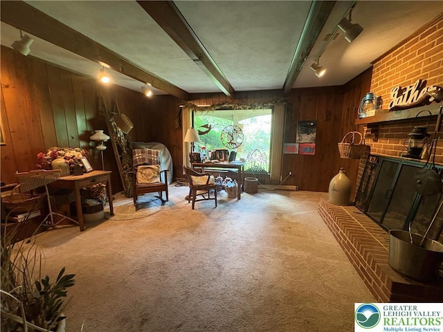 4804 Parkview Dr S, Lower Macungie Twp, PA 18049 - sitting room with wood walls, carpet floors, beamed ceiling, a fireplace, and rail lighting