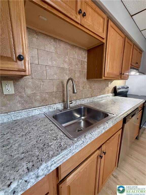 115 W Frankford St, Bethlehem City, PA 18018 - kitchen with stainless steel dishwasher, light countertops, backsplash, and brown cabinetry