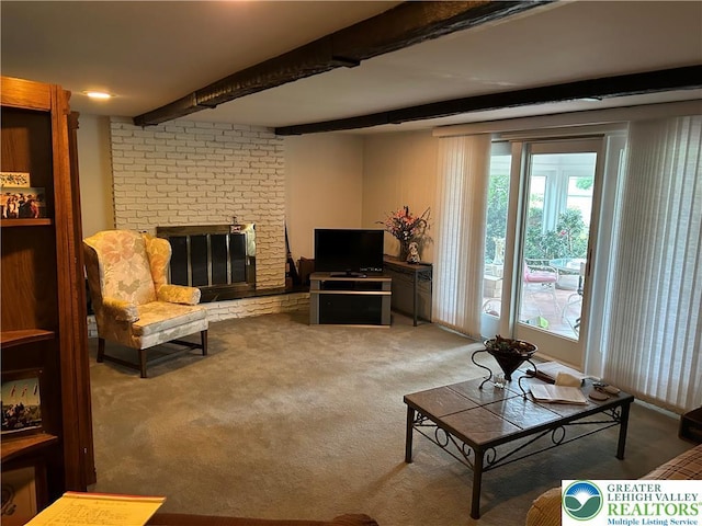 4941 Glenview St, North Whitehall Twp, PA 18078 - carpeted living area featuring beamed ceiling and a fireplace