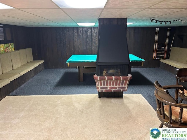 4941 Glenview St, North Whitehall Twp, PA 18078 - recreation room featuring carpet, wood walls, billiards, and a drop ceiling