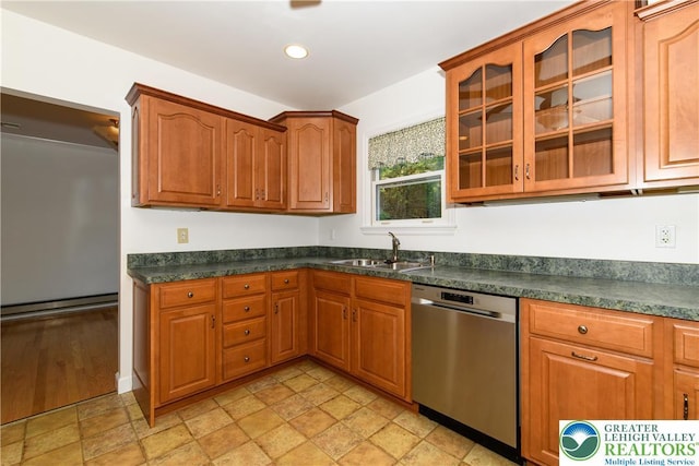 4015 Sycamore Dr, Lehigh Twp, PA 18067 - kitchen with dishwasher, glass insert cabinets, dark countertops, brown cabinets, and recessed lighting