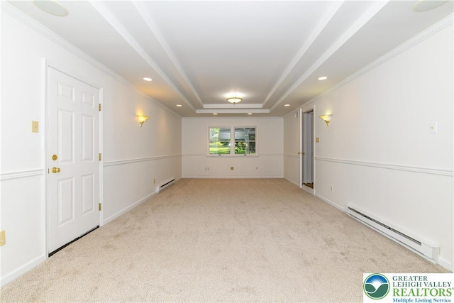 4015 Sycamore Dr, Lehigh Twp, PA 18067 - carpeted empty room featuring baseboard heating, a raised ceiling, ornamental molding, and recessed lighting