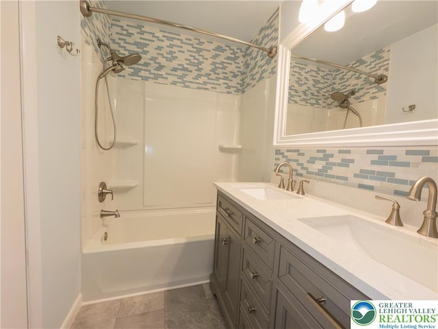 4015 Sycamore Dr, Lehigh Twp, PA 18067 - bathroom featuring bathtub / shower combination, double vanity, and tasteful backsplash