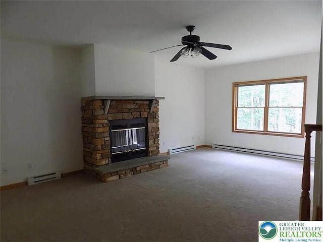 217 St Andrews Dr, Middle Smithfield Twp, PA 18324 - unfurnished living room with a baseboard heating unit, carpet flooring, and a fireplace