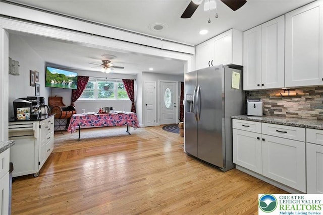 320 Nulton Ave, Palmer Twp, PA 18045 - kitchen featuring stainless steel fridge with ice dispenser, ceiling fan, light wood-style floors, and recessed lighting