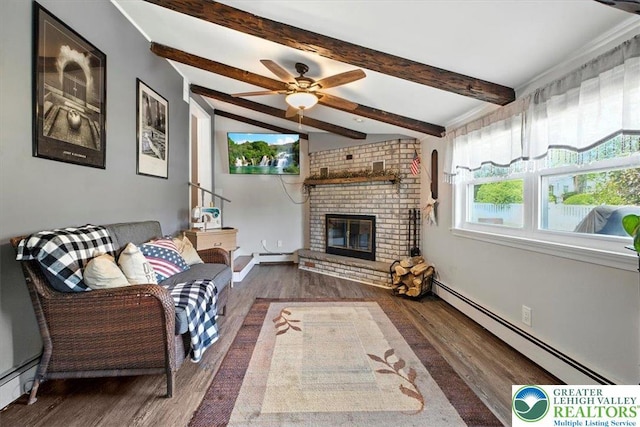 320 Nulton Ave, Palmer Twp, PA 18045 - living area featuring baseboard heating, wood finished floors, beam ceiling, and a brick fireplace