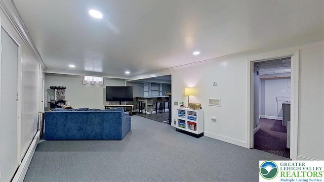 320 Nulton Ave, Palmer Twp, PA 18045 - carpeted living area featuring ornamental molding, recessed lighting, and baseboard heating