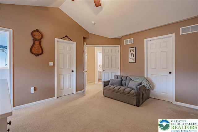 301 Maple Ct, Alburtis Boro, PA 18011 - sitting room featuring light colored carpet, vaulted ceiling, and a ceiling fan