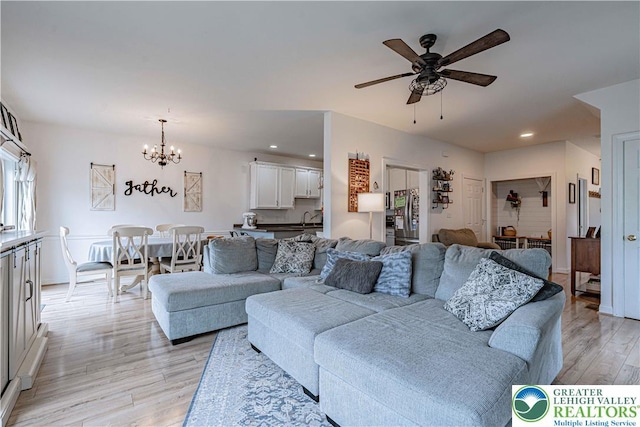 301 Maple Ct, Alburtis Boro, PA 18011 - living area with a chandelier, light wood-style flooring, ceiling fan, and recessed lighting