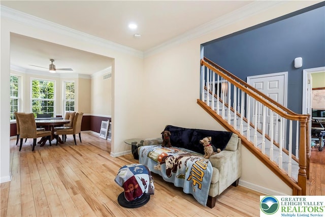 2535 Clark Pl, Forks Twp, PA 18040 - living room with hardwood / wood-style flooring, stairway, ornamental molding, and ceiling fan