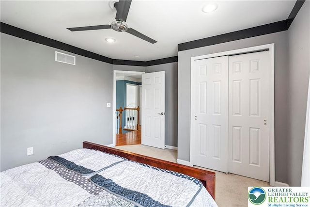 2535 Clark Pl, Forks Twp, PA 18040 - bedroom with a closet, recessed lighting, light colored carpet, and a ceiling fan