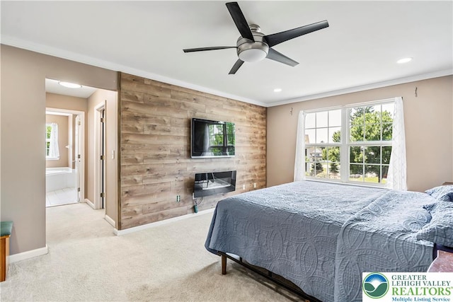 2535 Clark Pl, Forks Twp, PA 18040 - carpeted bedroom with ornamental molding, recessed lighting, wooden walls, a ceiling fan, and ensuite bath