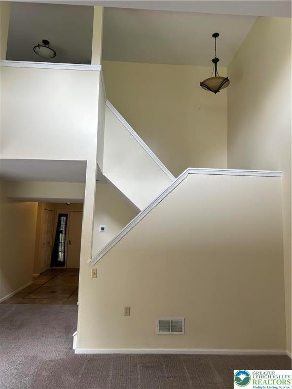 349 Tamarack Dr, South Whitehall Twp, PA 18104 - stairway featuring carpet floors and baseboards