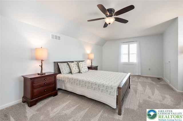 2186 Eagles Landing Dr, Upper Nazareth Twp, PA 18064 - bedroom featuring light colored carpet, vaulted ceiling, and a ceiling fan