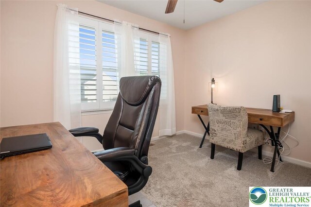 2186 Eagles Landing Dr, Upper Nazareth Twp, PA 18064 - office featuring carpet floors, ceiling fan, and healthy amount of natural light