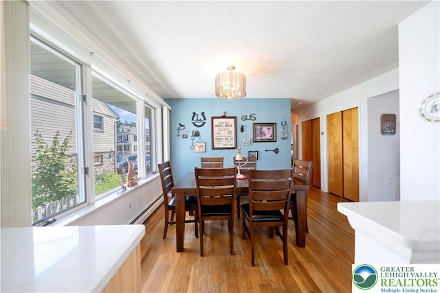 275 E Thomas Ave, Hellertown Boro, PA 18055 - dining area featuring light wood-style floors, a baseboard heating unit, and a chandelier