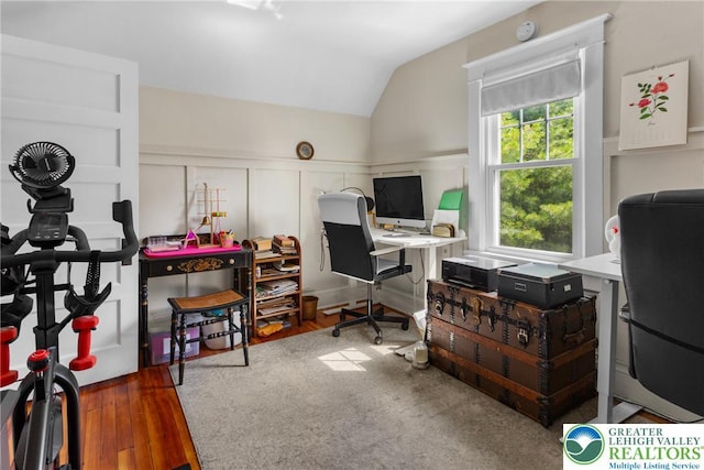 827 Wilbur St, Easton, PA 18042 - office area with a decorative wall, vaulted ceiling, wood finished floors, and wainscoting