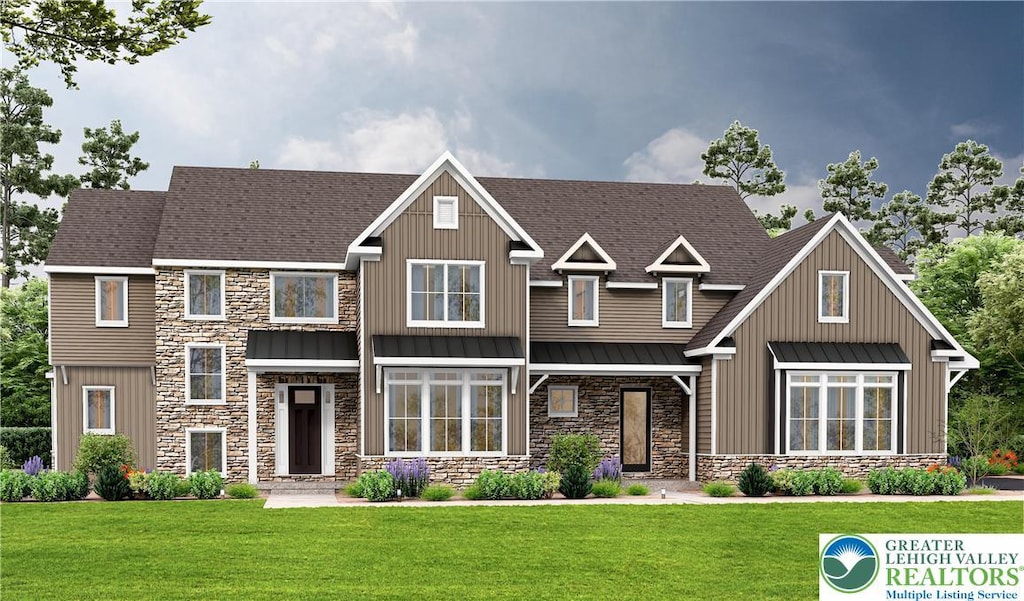 8274 Parkview Ct Unit Ms 10, Upper Macungie Twp, PA 18031 - craftsman house with stone siding, a standing seam roof, and a front yard