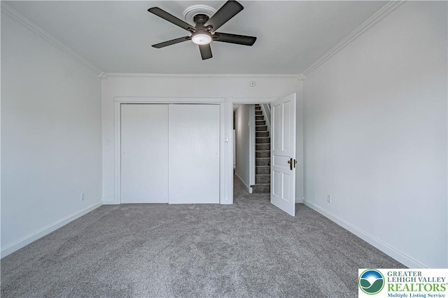 622 N Jefferson St, Allentown City, PA 18102 - unfurnished bedroom featuring ornamental molding, carpet flooring, a closet, and a ceiling fan