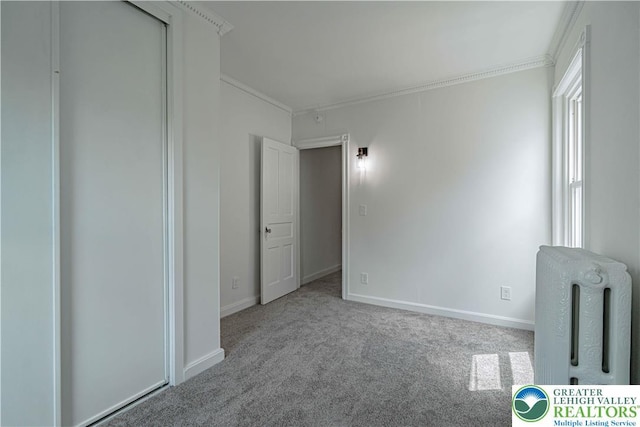622 N Jefferson St, Allentown City, PA 18102 - unfurnished bedroom with radiator, ornamental molding, and carpet floors