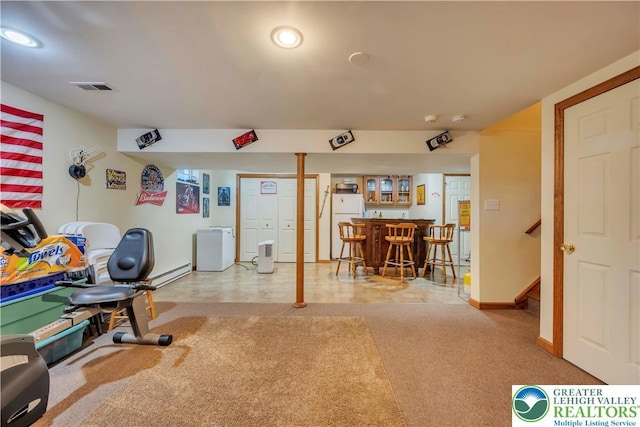 101 Blackstone Dr, Bushkill Twp, PA 18091 - home office with bar area, recessed lighting, light carpet, and a baseboard radiator