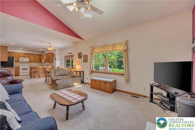 101 Blackstone Dr, Bushkill Twp, PA 18091 - living room featuring ceiling fan, lofted ceiling, light colored carpet, and recessed lighting