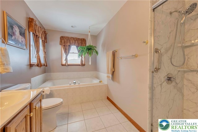 101 Blackstone Dr, Bushkill Twp, PA 18091 - bathroom with a bath, a marble finish shower, vanity, and tile patterned floors