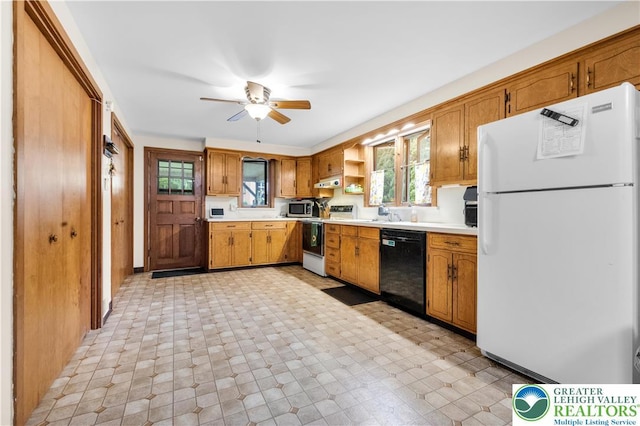 1008 7th, Perkasie Boro, PA 18944 - kitchen with white appliances, a ceiling fan, light countertops, and open shelves