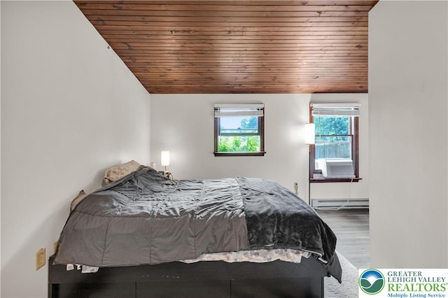 1008 7th, Perkasie Boro, PA 18944 - bedroom with wooden ceiling, a baseboard radiator, wood finished floors, vaulted ceiling, and cooling unit