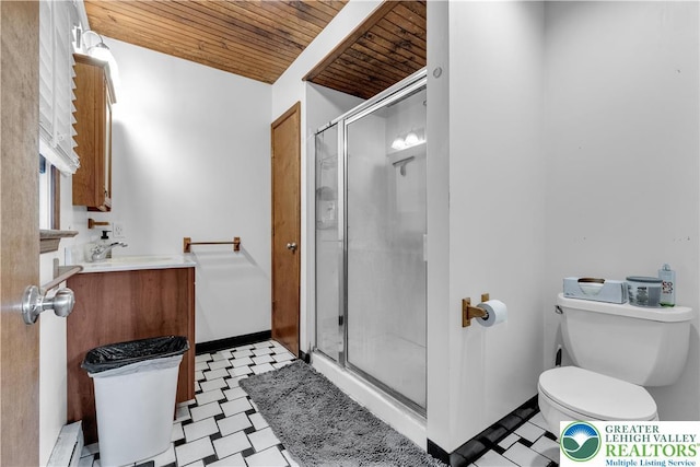 1008 7th, Perkasie Boro, PA 18944 - full bathroom featuring wood ceiling, tile patterned floors, a stall shower, and vanity