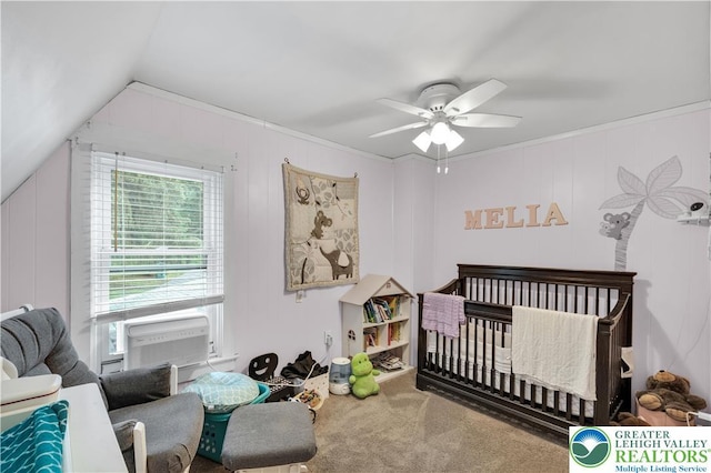 1008 7th, Perkasie Boro, PA 18944 - carpeted bedroom featuring a nursery area, lofted ceiling, ceiling fan, and crown molding