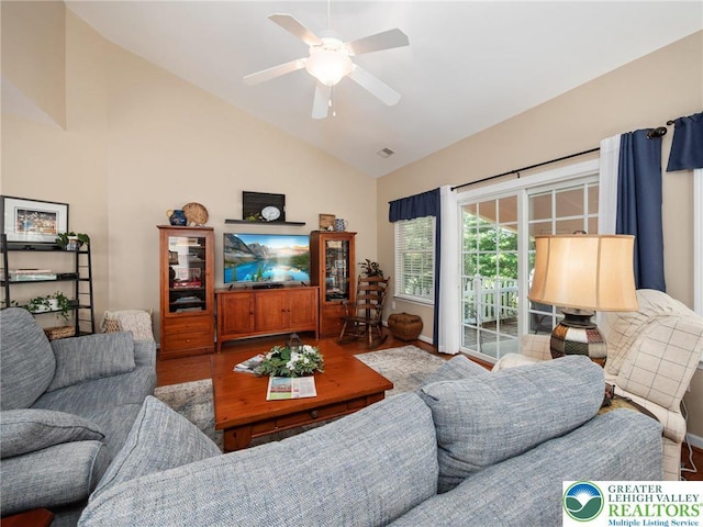 4112 Pine Hurst Dr, Allen Twp, PA 18067 - living area featuring wood finished floors, ceiling fan, and high vaulted ceiling