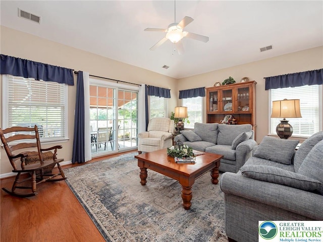 4112 Pine Hurst Dr, Allen Twp, PA 18067 - living room with wood finished floors, a ceiling fan, healthy amount of natural light, and vaulted ceiling