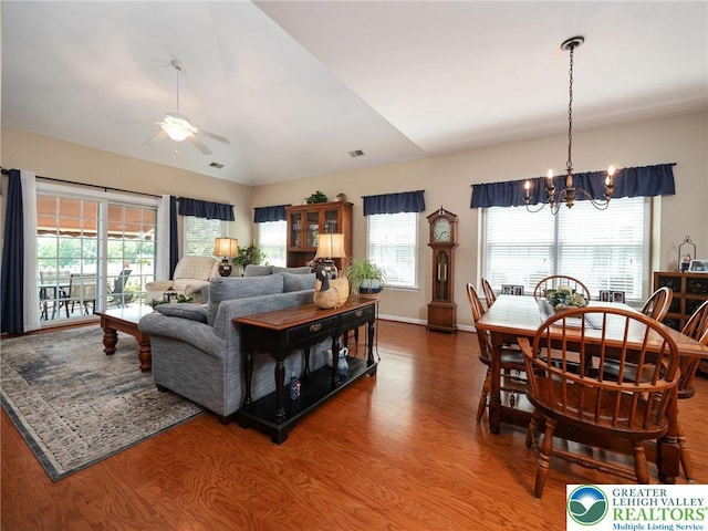 4112 Pine Hurst Dr, Allen Twp, PA 18067 - living area featuring a chandelier, wood finished floors, ceiling fan, and lofted ceiling