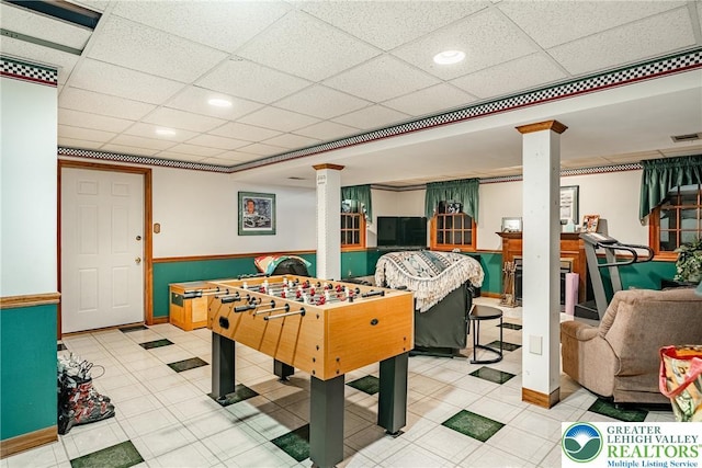530 Station Rd, Richland Twp, PA 18951 - game room featuring ornate columns, a wainscoted wall, and a drop ceiling