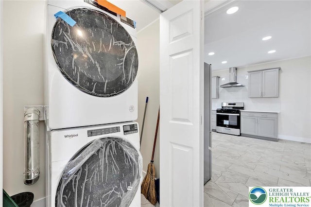 308 Washington St, Tamaqua Boro, PA 18252 - laundry area with stacked washer / drying machine, light marble finish flooring, and recessed lighting