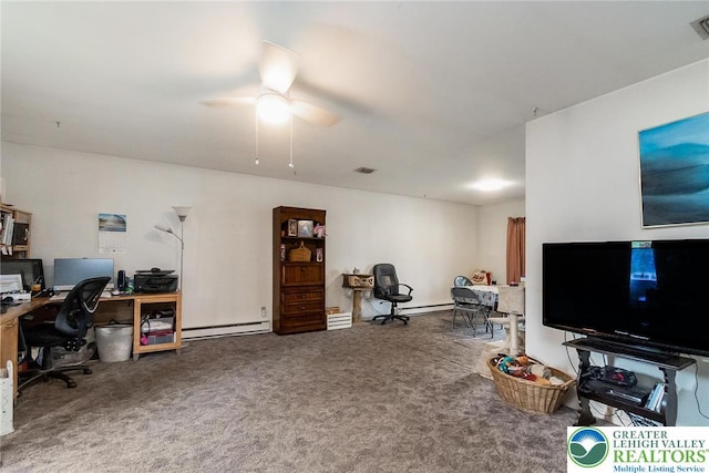 2057 Grove St, South Whitehall Twp, PA 18104 - carpeted home office with a ceiling fan and a baseboard heating unit