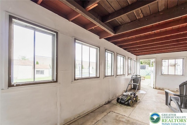 2057 Grove St, South Whitehall Twp, PA 18104 - sunroom featuring a wood ceiling with exposed beams