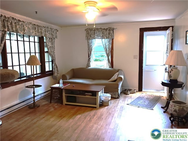 618 Mccabe Ln, Hamilton Twp, PA 18353 - living room with a ceiling fan, wood finished floors, and baseboard heating