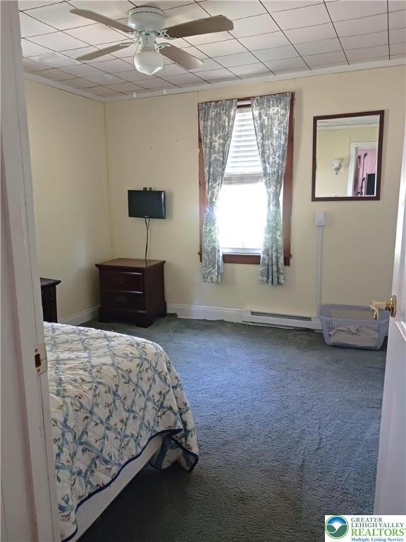 618 Mccabe Ln, Hamilton Twp, PA 18353 - carpeted bedroom featuring a baseboard radiator and a ceiling fan