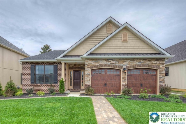 3420 Gentlewind Way Unit Ic 110, Emmaus Boro, PA 18049 - view of front of home featuring a front lawn, a standing seam roof, a garage, stone siding, and brick siding