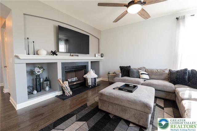 420 Rinaldi Ln, Forks Twp, PA 18040 - living area featuring wood finished floors, ceiling fan, and a fireplace