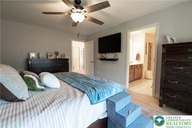 420 Rinaldi Ln, Forks Twp, PA 18040 - bedroom with light wood-type flooring, a ceiling fan, and ensuite bath