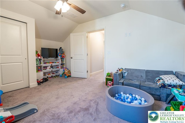 420 Rinaldi Ln, Forks Twp, PA 18040 - rec room with vaulted ceiling, ceiling fan, and carpet flooring