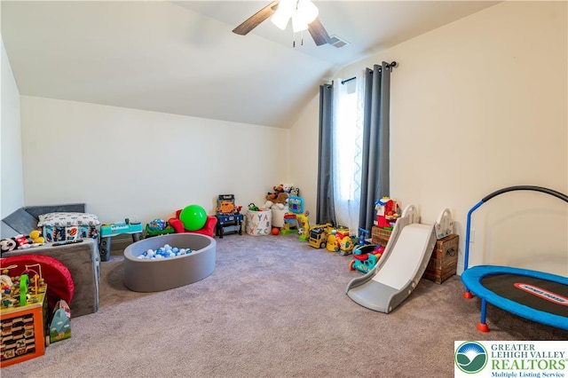 420 Rinaldi Ln, Forks Twp, PA 18040 - playroom with ceiling fan, lofted ceiling, and carpet