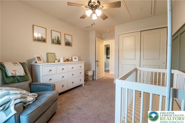 420 Rinaldi Ln, Forks Twp, PA 18040 - bedroom featuring light carpet, attic access, a closet, and ceiling fan